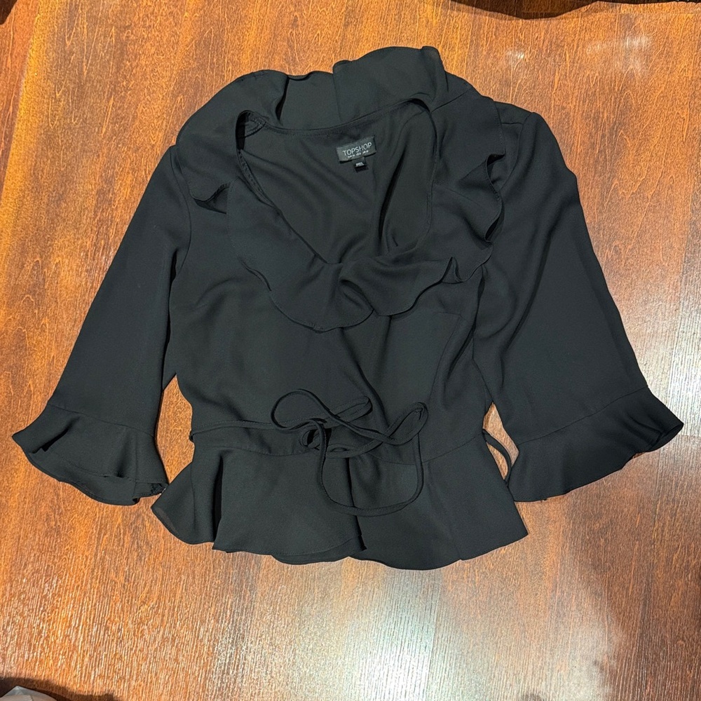 Topshop Black Ruffle Tie-Front Blouse